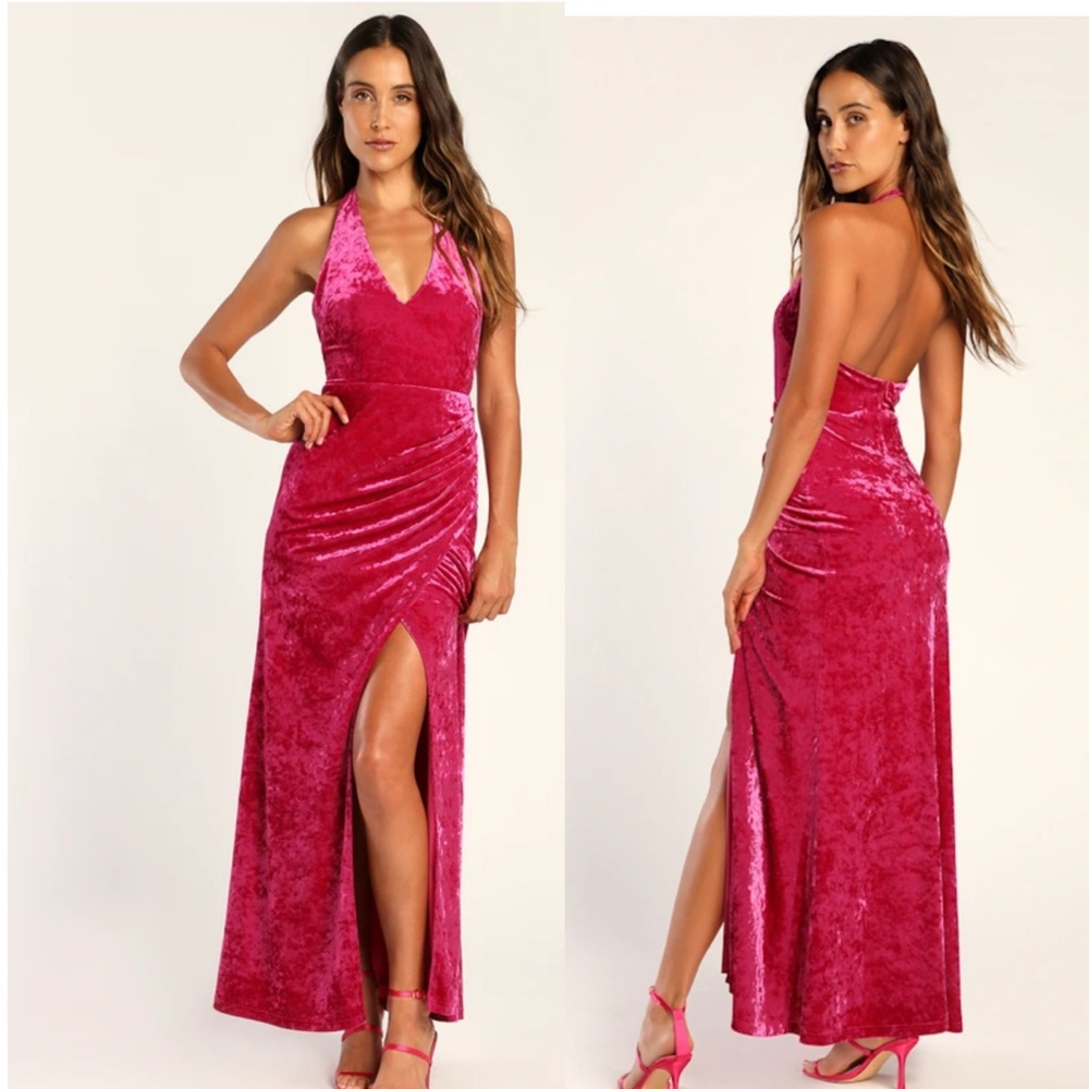 NWT LULUS Alluring Elegance Hot Pink Crushed Velvet Halter Maxi Dress Pink XS
